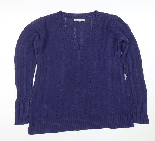Old Navy Women's Blue Cable-Knit Cotton V-Neck Jumper Size L