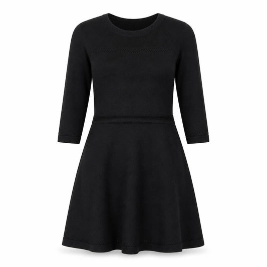 Front view of ASOS Women’s Black Knit A-Line Dress, size UK 8, 3/4 Sleeve Crew Neck