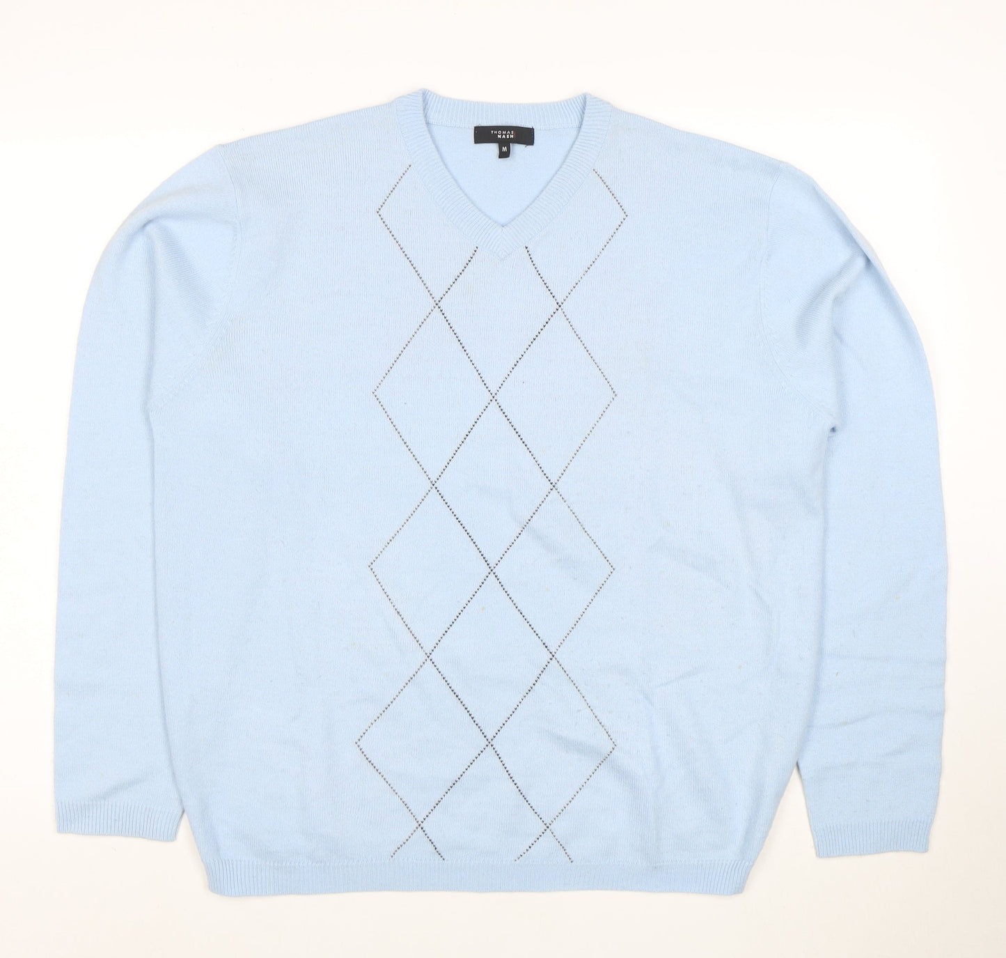 Thomas Nash Men's Blue Argyle V-Neck Acrylic Jumper M