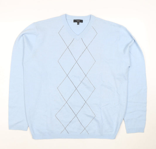 Thomas Nash Men's Blue Argyle V-Neck Acrylic Jumper M