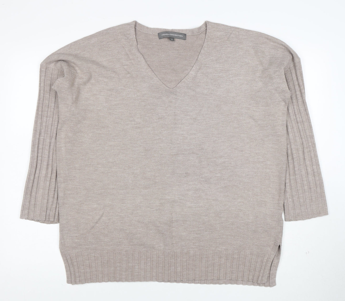 French Connection Women's Beige V-Neck 3/4 Sleeve Knit Jumper M