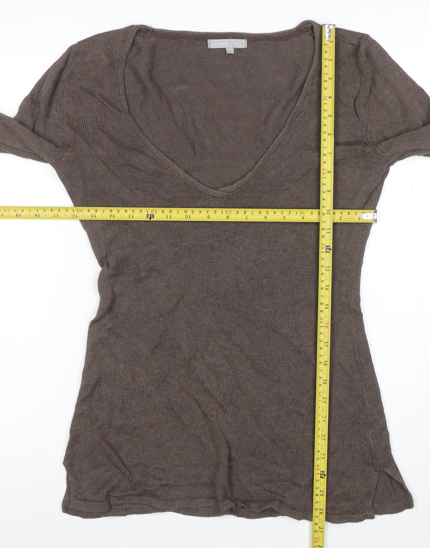 Karen Cole Women Brown V-Neck Long Sleeve Linen Cotton Jumper L