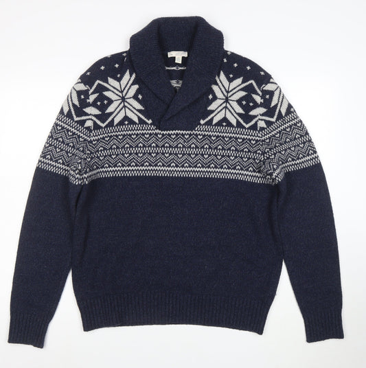 Gap Men Blue Fair Isle Shawl Collar Wool Jumper Size M
