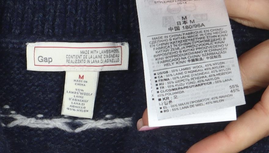 Gap Men Blue Fair Isle Shawl Collar Wool Jumper Size M