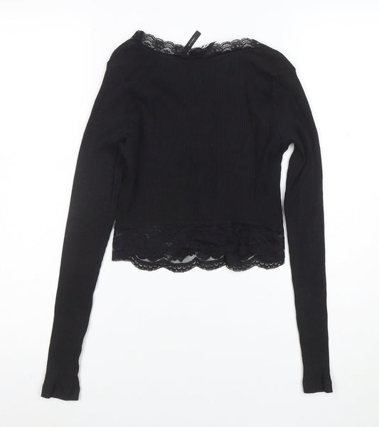 Reclaimed Vintage Women's Black Lace Trim Cropped Long Sleeve Blouse Size M