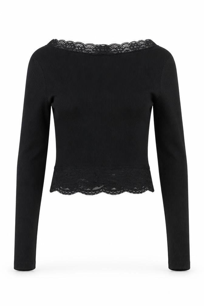 Reclaimed Vintage Women's Black Lace Trim Cropped Long Sleeve Blouse Size M