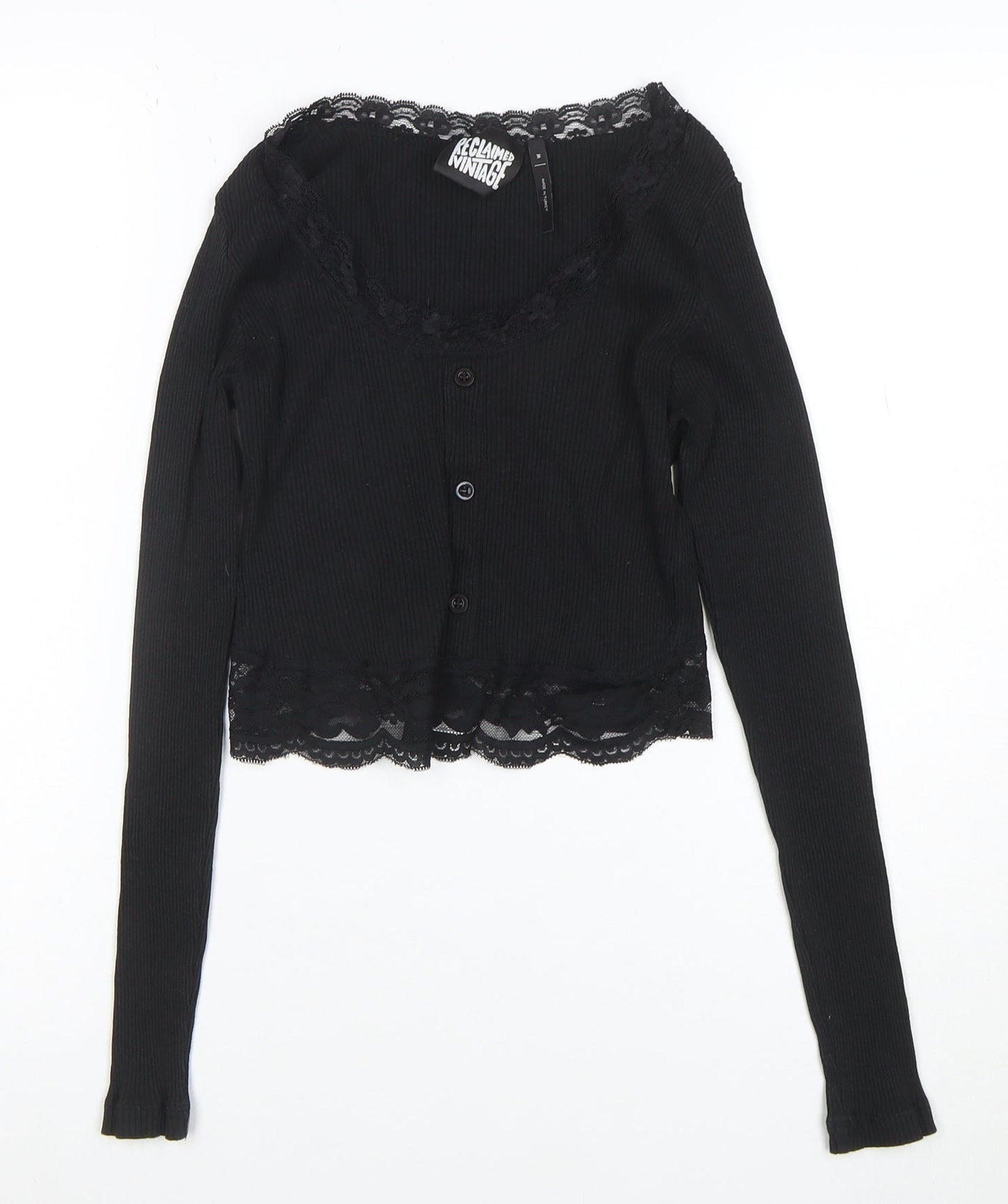 Reclaimed Vintage Women's Black Lace Trim Cropped Long Sleeve Blouse Size M