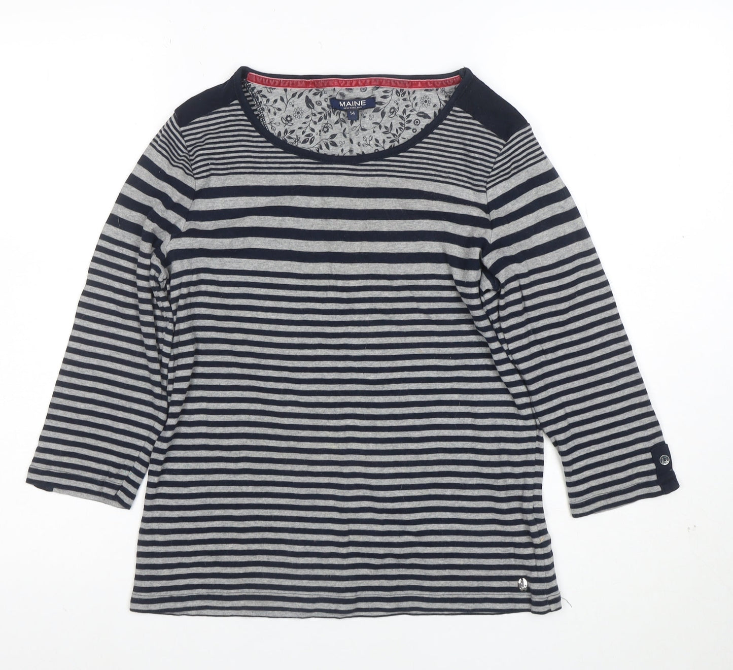 Maine New England Women's Blue Striped 3/4 Sleeve Cotton T-Shirt Size 14