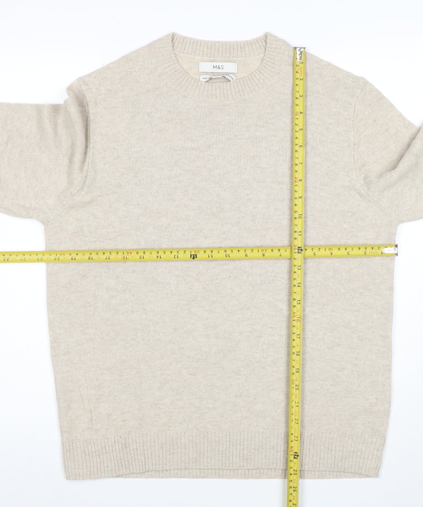 Marks and Spencer Men's Beige Wool Crew Neck Jumper M