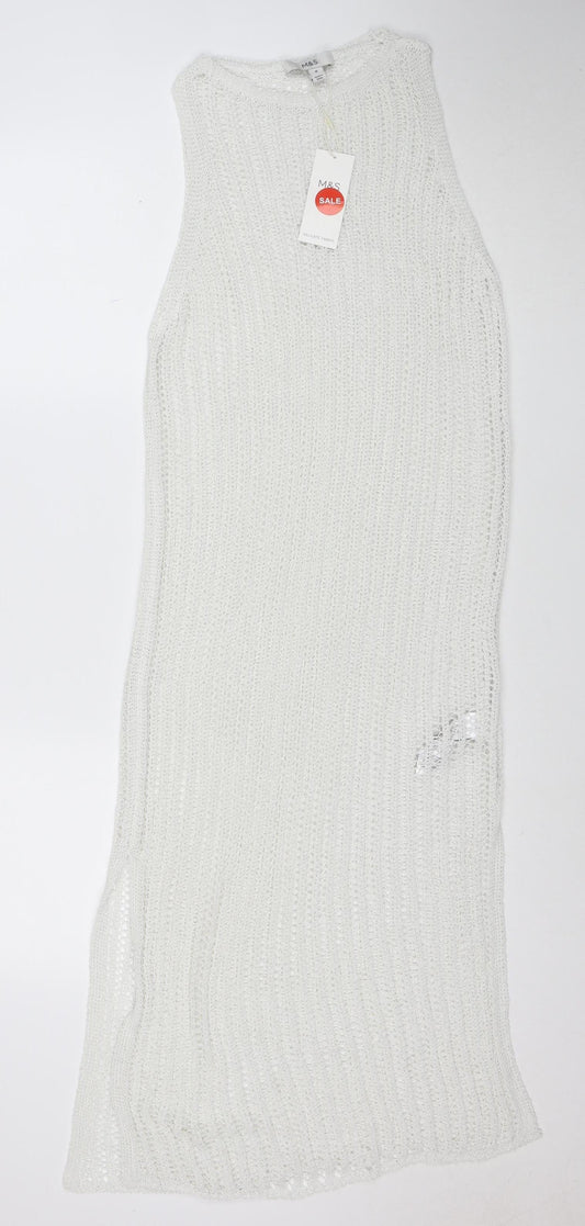Marks and Spencer Women White Knit Crochet Kaftan Dress Size M Summer Beachwear