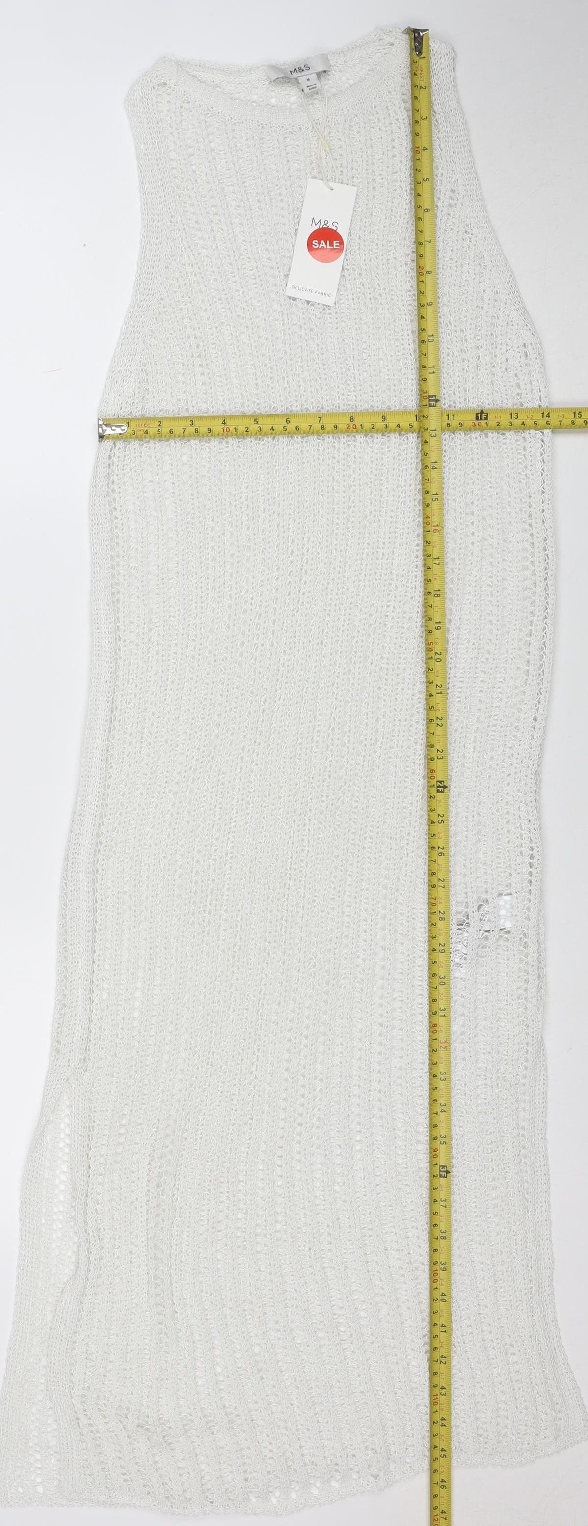 Marks and Spencer Women White Knit Crochet Kaftan Dress Size M Summer Beachwear