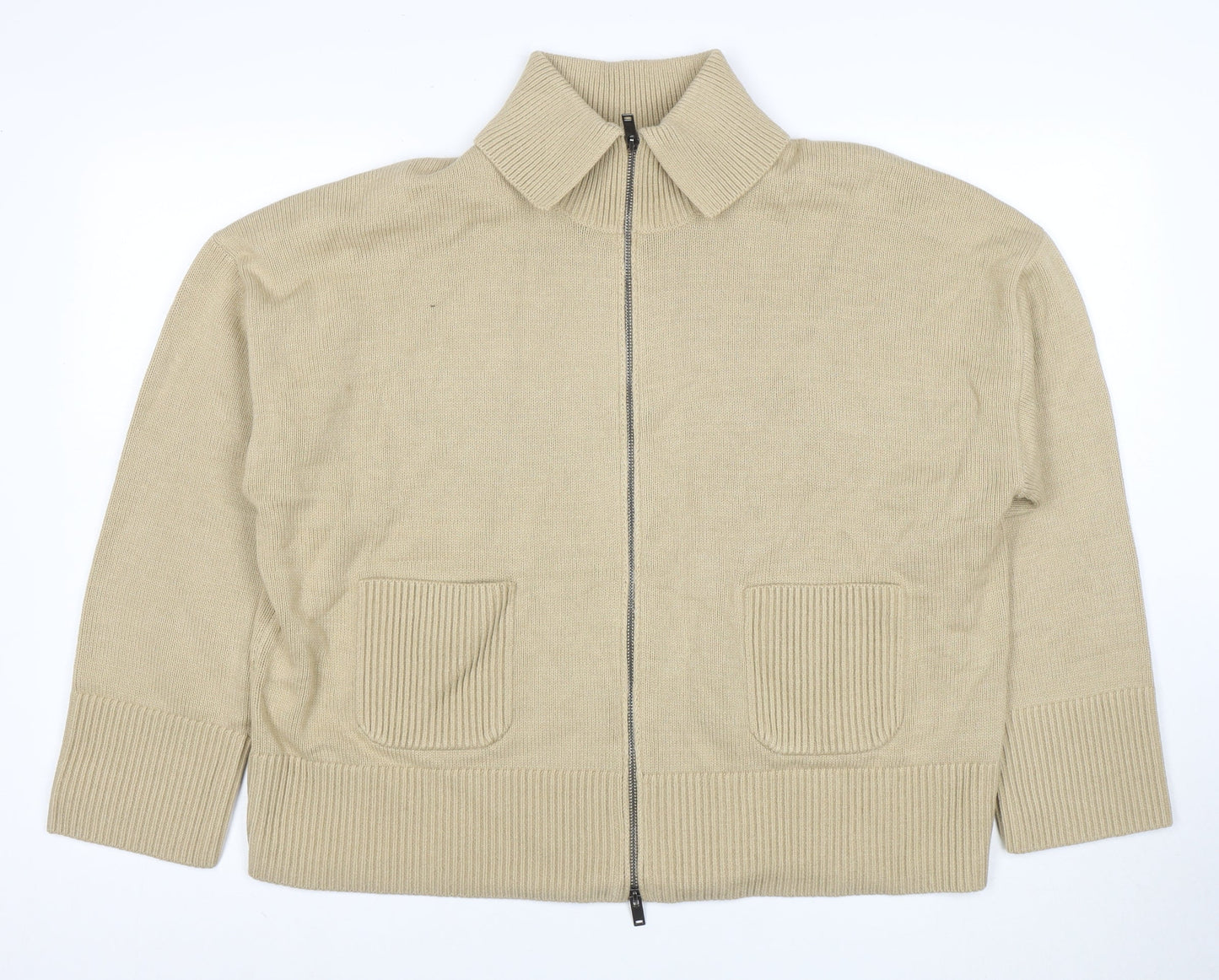 Marks and Spencer Women Beige XL Full Zip Collared Cotton Jumper