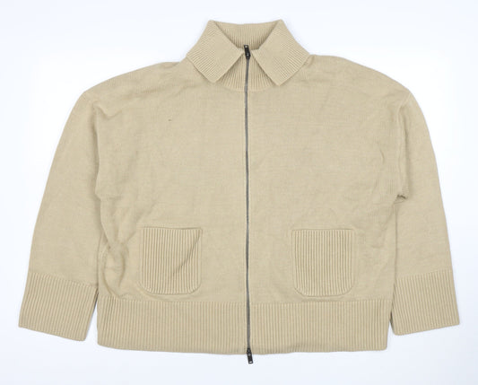 Marks and Spencer Women Beige XL Full Zip Collared Cotton Jumper