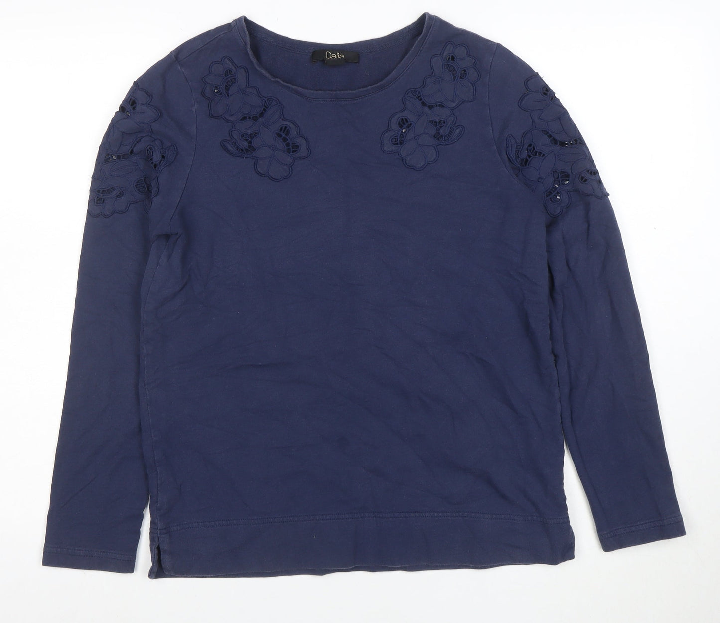 Dalia Women's Blue Cotton Long Sleeve Embroidered T-Shirt S