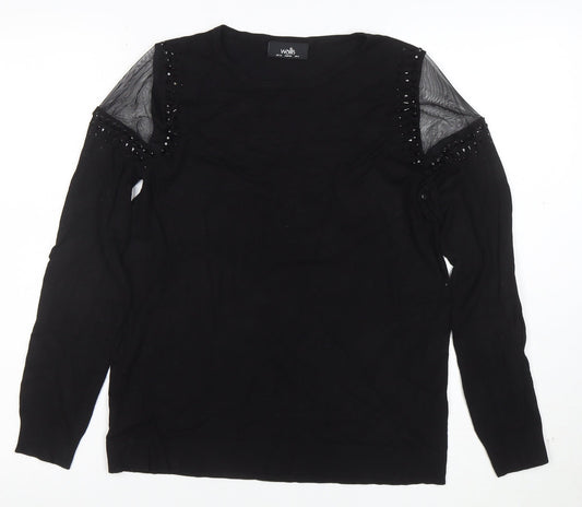 Wallis Women Black Beaded Cold Shoulder Long Sleeve Blouse Size 12