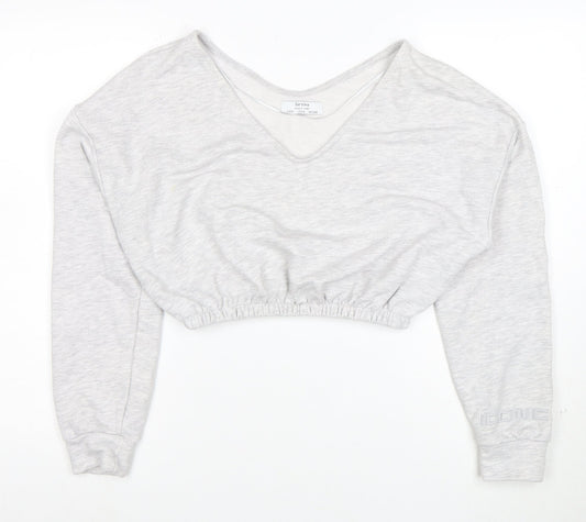 Bershka Women Grey V-Neck Cropped Pullover Sweatshirt Size S