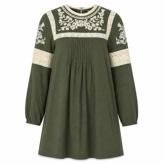 Topshop Women’s Green Embroidered Lace Long Sleeve Shift Dress Size 6