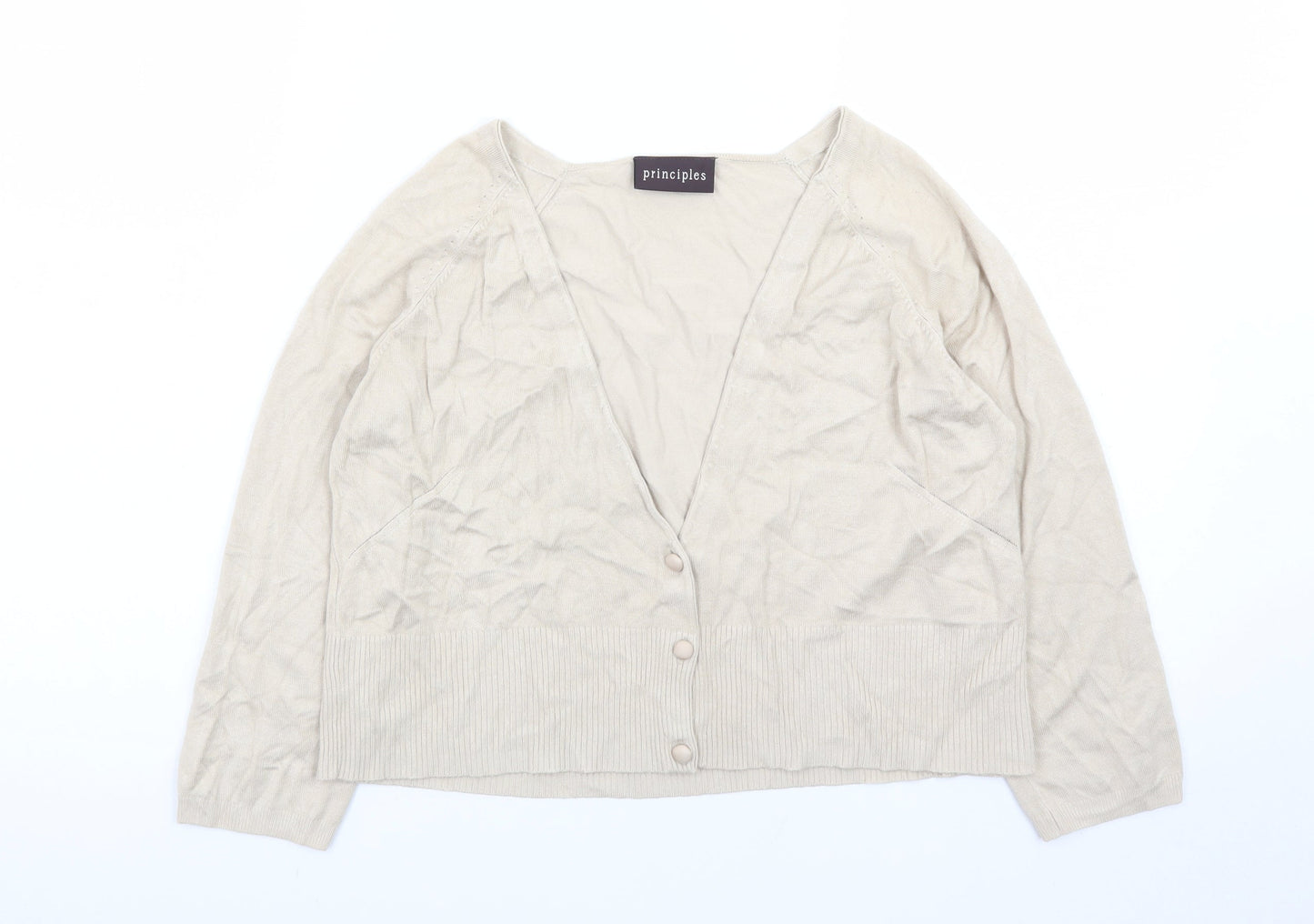 Principles Women Beige V-Neck Button Cardigan Size 14 Viscose Blend