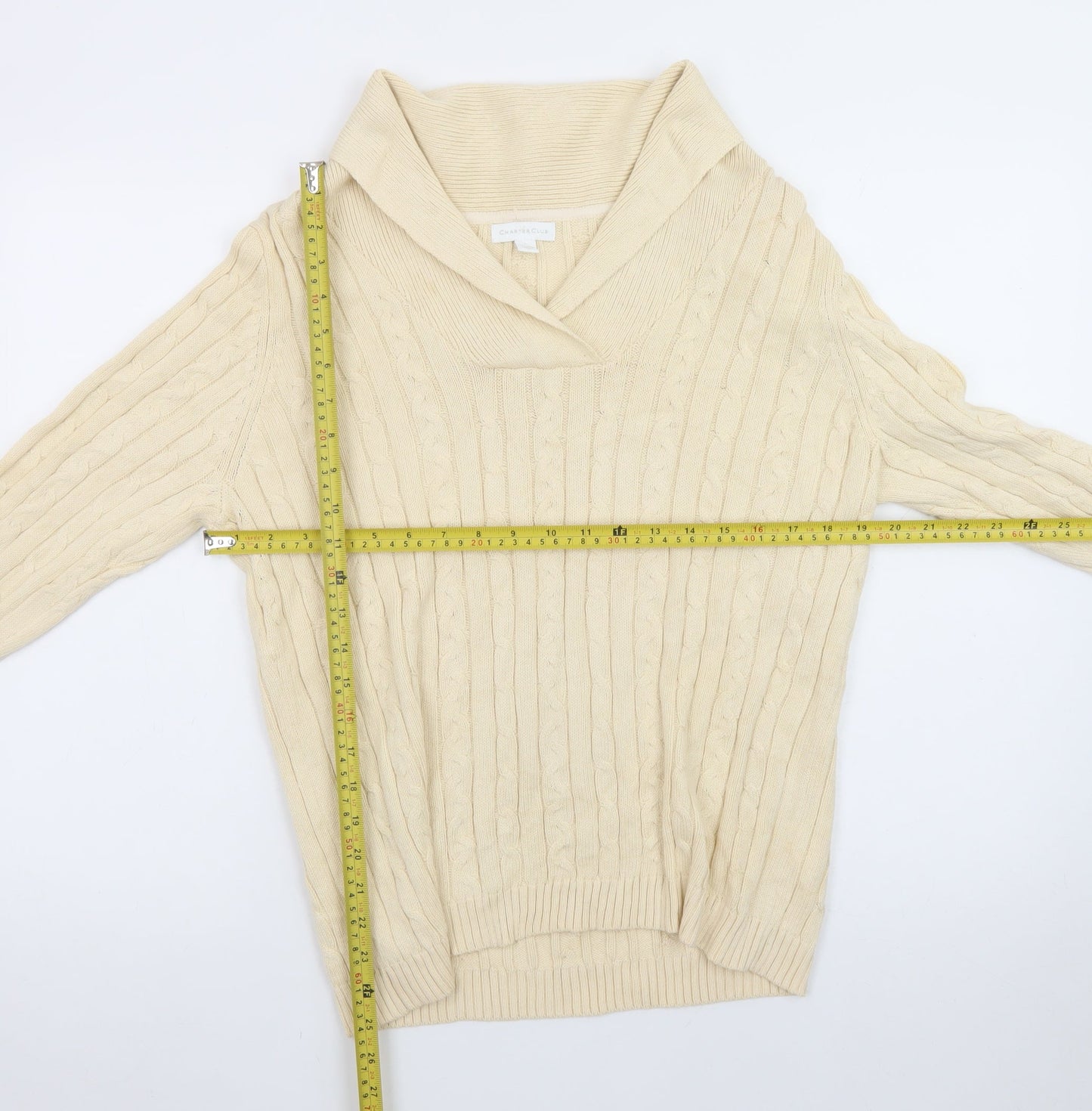 Charter Club Men Beige Cable-Knit Cotton Jumper L Collared Pullover