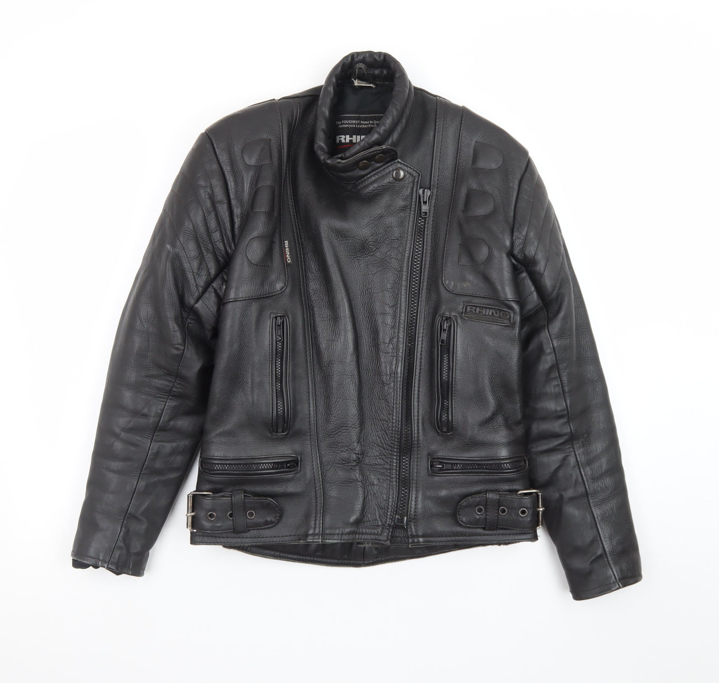 Rhino Womens Black Leather Motorcycle Jacket Size 14 Biker Style