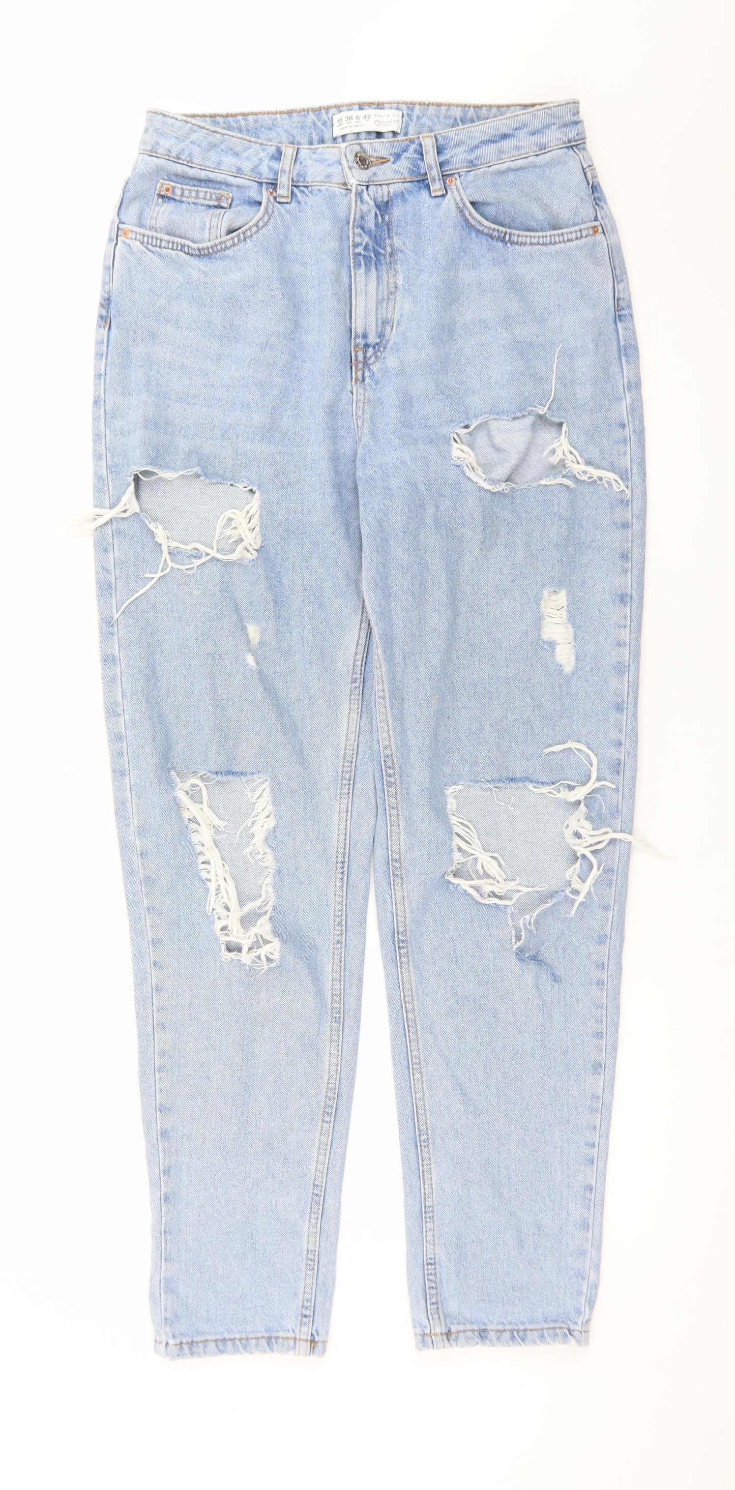 Primark Women’s Blue Distressed Mom Jeans Size 10 High Rise Denim