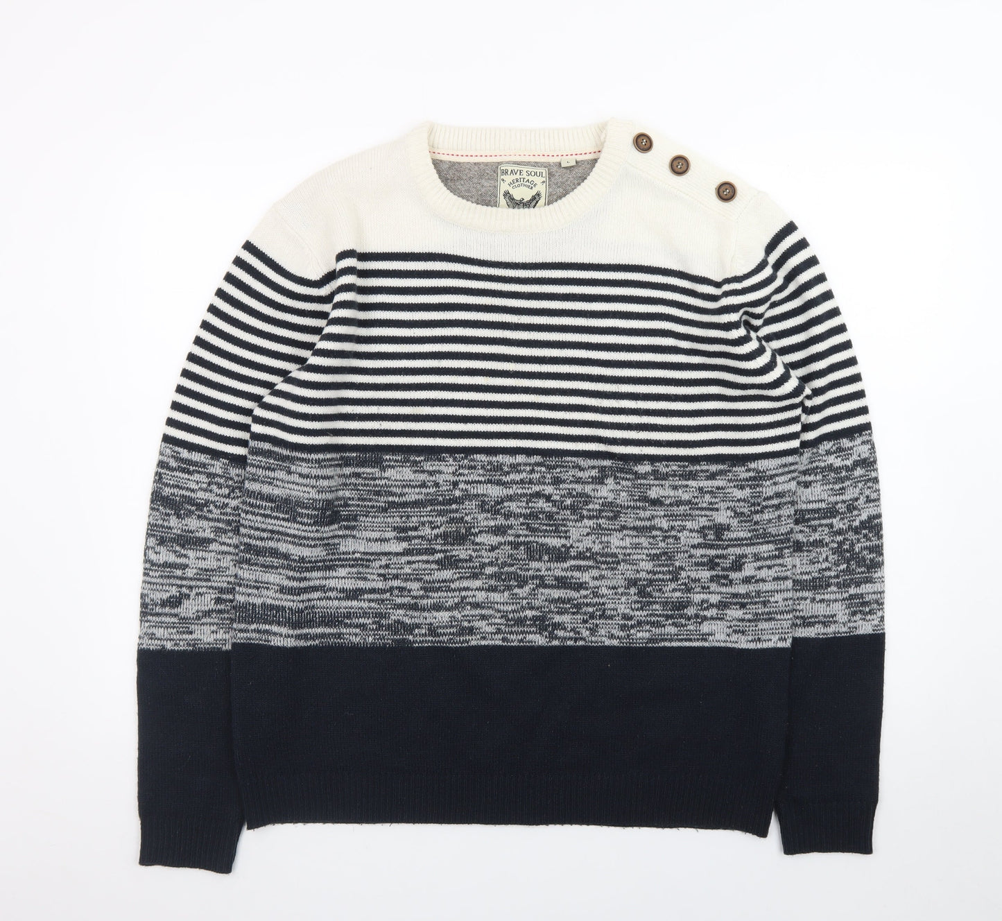 Brave Soul Men's Blue Striped Knit Crew Neck Pullover Jumper Size L