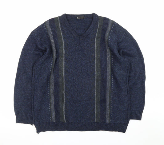 BHS Men's Blue Wool Blend V-Neck Pullover Jumper Size L