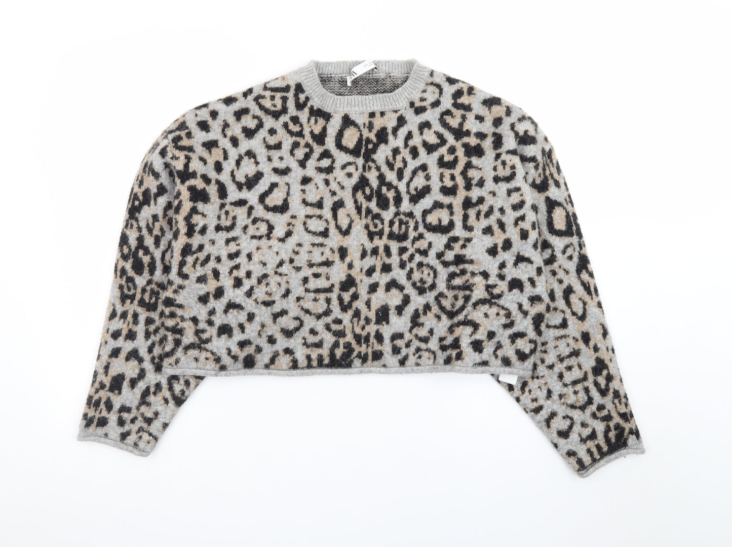 Zara Women Grey Leopard Print Wool Blend Pullover Jumper Size 14