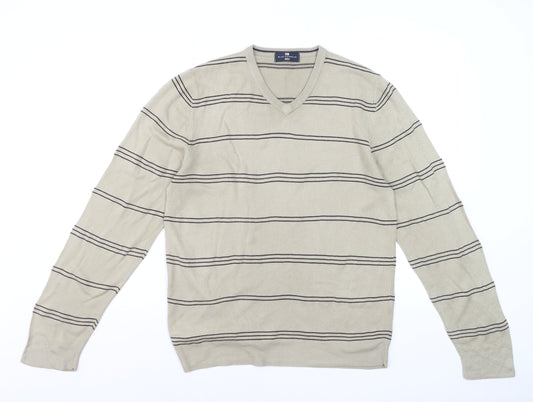 Marks and Spencer Blue Harbour Men's Beige Striped V-Neck Jumper Medium