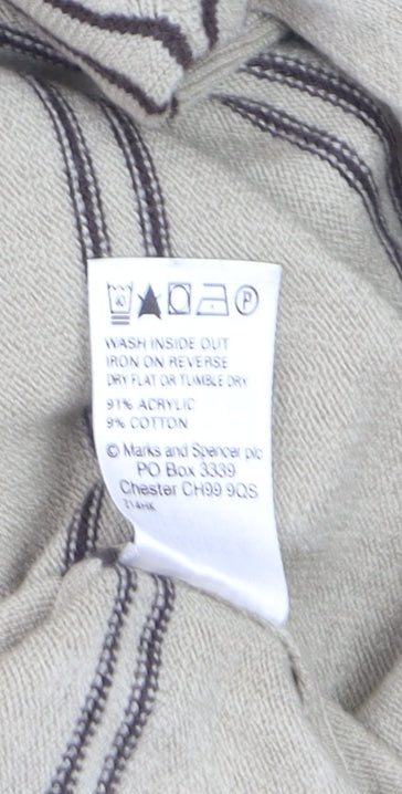 Marks and Spencer Blue Harbour Men's Beige Striped V-Neck Jumper Medium