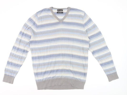 Marks and Spencer Autograph Men's Blue Striped Cotton V-Neck Jumper L
