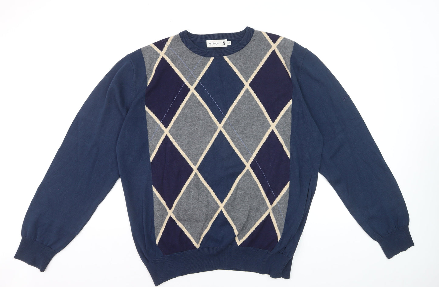 Pringle of Scotland Men’s Blue Argyle Cotton Jumper XL Crew Neck