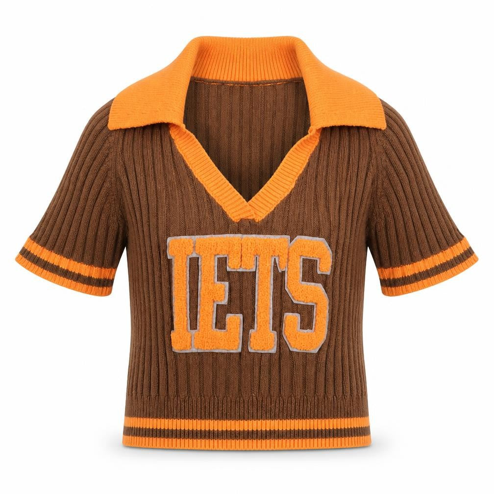 Iets Frans Girls Brown & Orange Ribbed V-Neck Pullover Jumper Size M