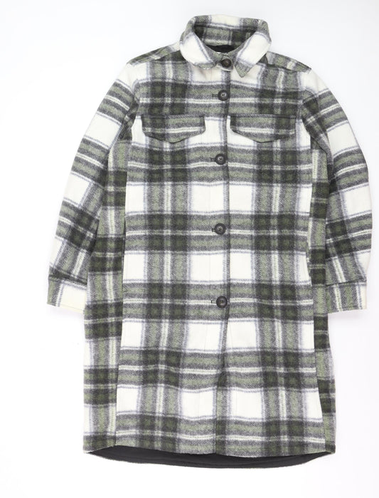 H&M Men’s Grey Check Long Overcoat Size S Polyester Button-Up