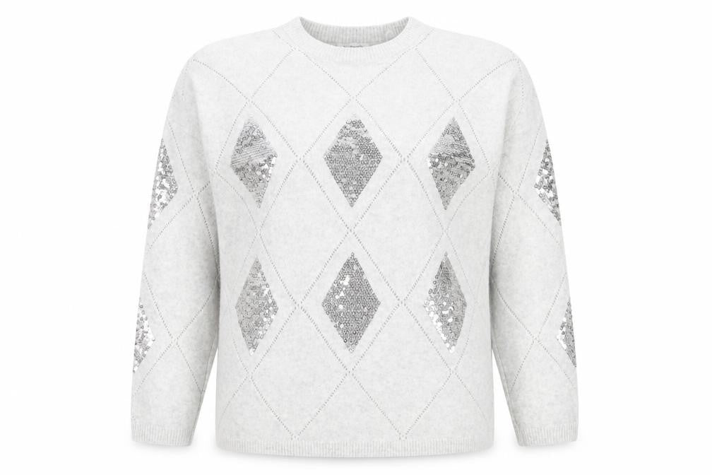 Bonmarché Women's Silver Sequin Argyle Jumper Size 14 Grey Long Sleeve Knit