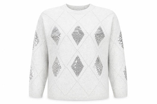 Bonmarché Women's Silver Sequin Argyle Jumper Size 14 Grey Long Sleeve Knit