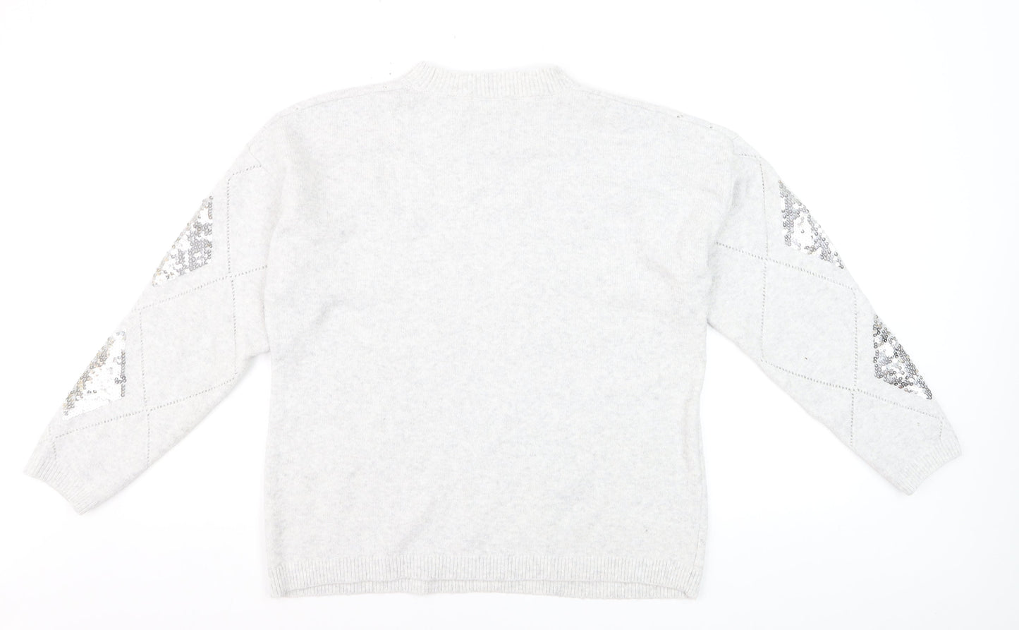 Bonmarché Women's Silver Sequin Argyle Jumper Size 14 Grey Long Sleeve Knit
