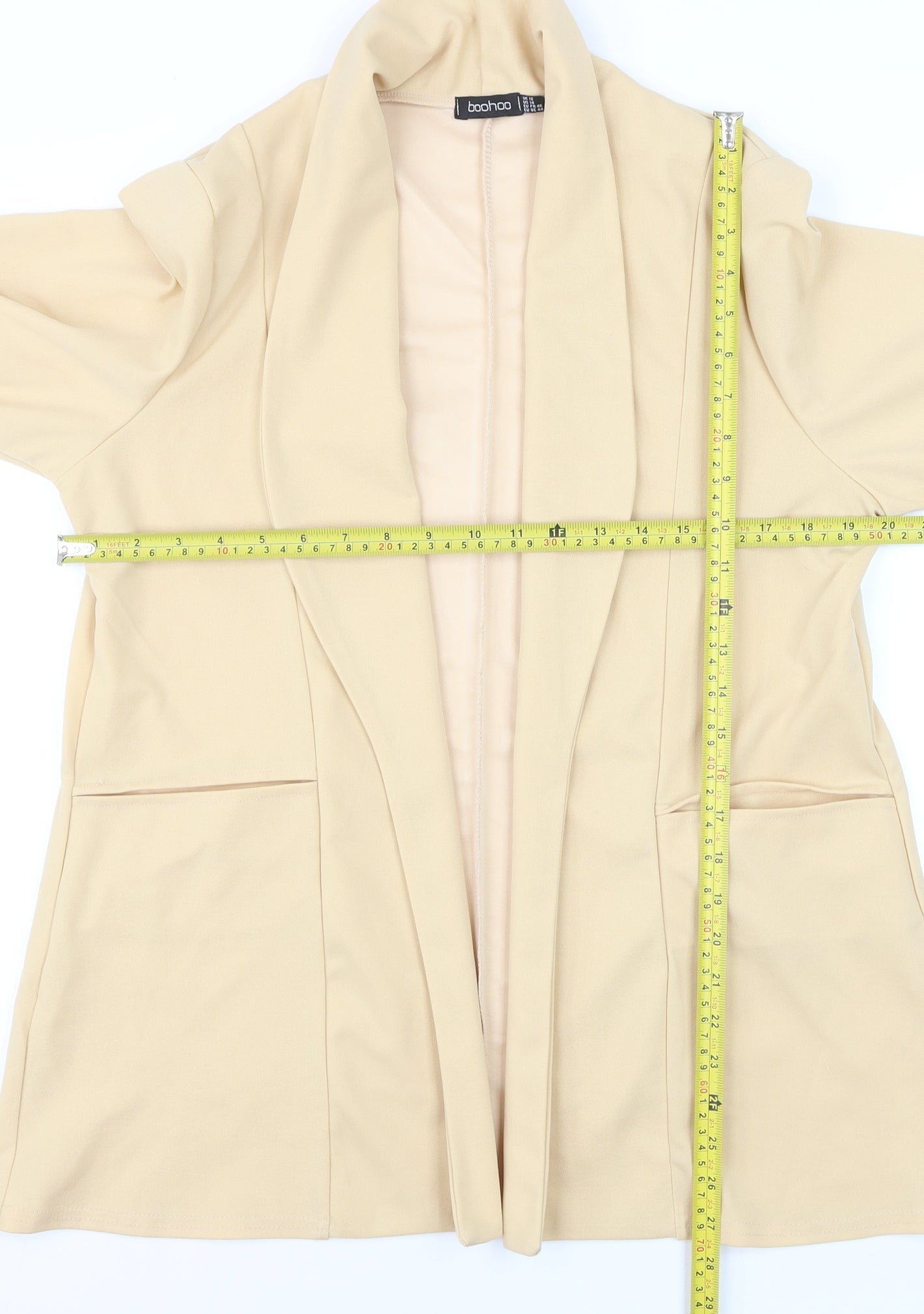 Boohoo Women Beige Shawl Collar Longline Blazer Size 18