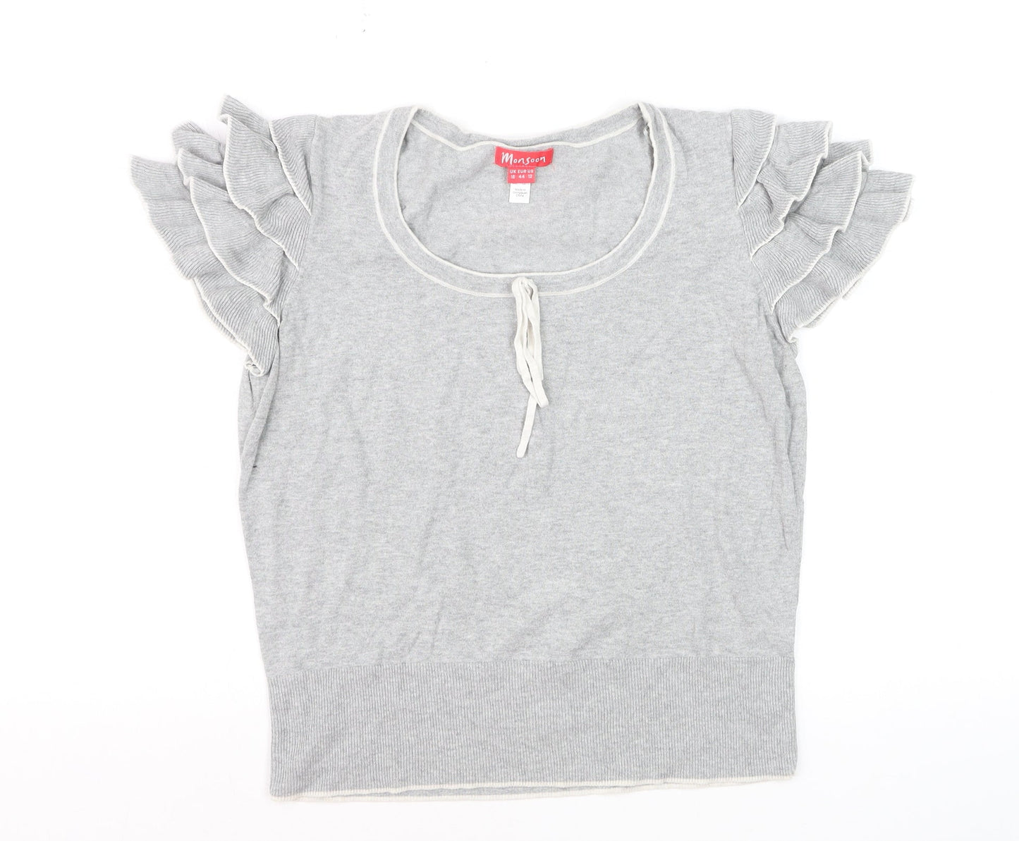 Monsoon Women’s Grey Cotton Ruffle Sleeve Pullover Jumper Size 16