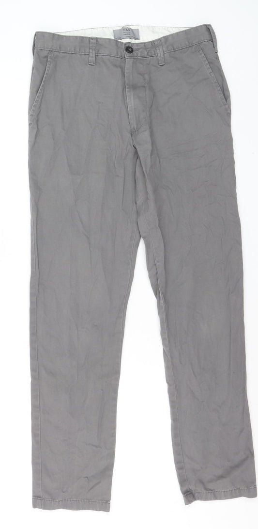 Marks and Spencer Men's Grey Cotton Chino Trousers 30W 31L Tapered Fit