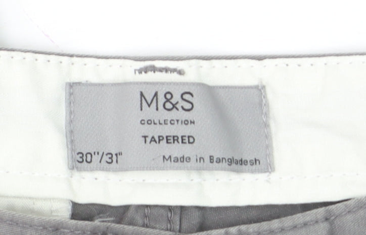 Marks and Spencer Men's Grey Cotton Chino Trousers 30W 31L Tapered Fit