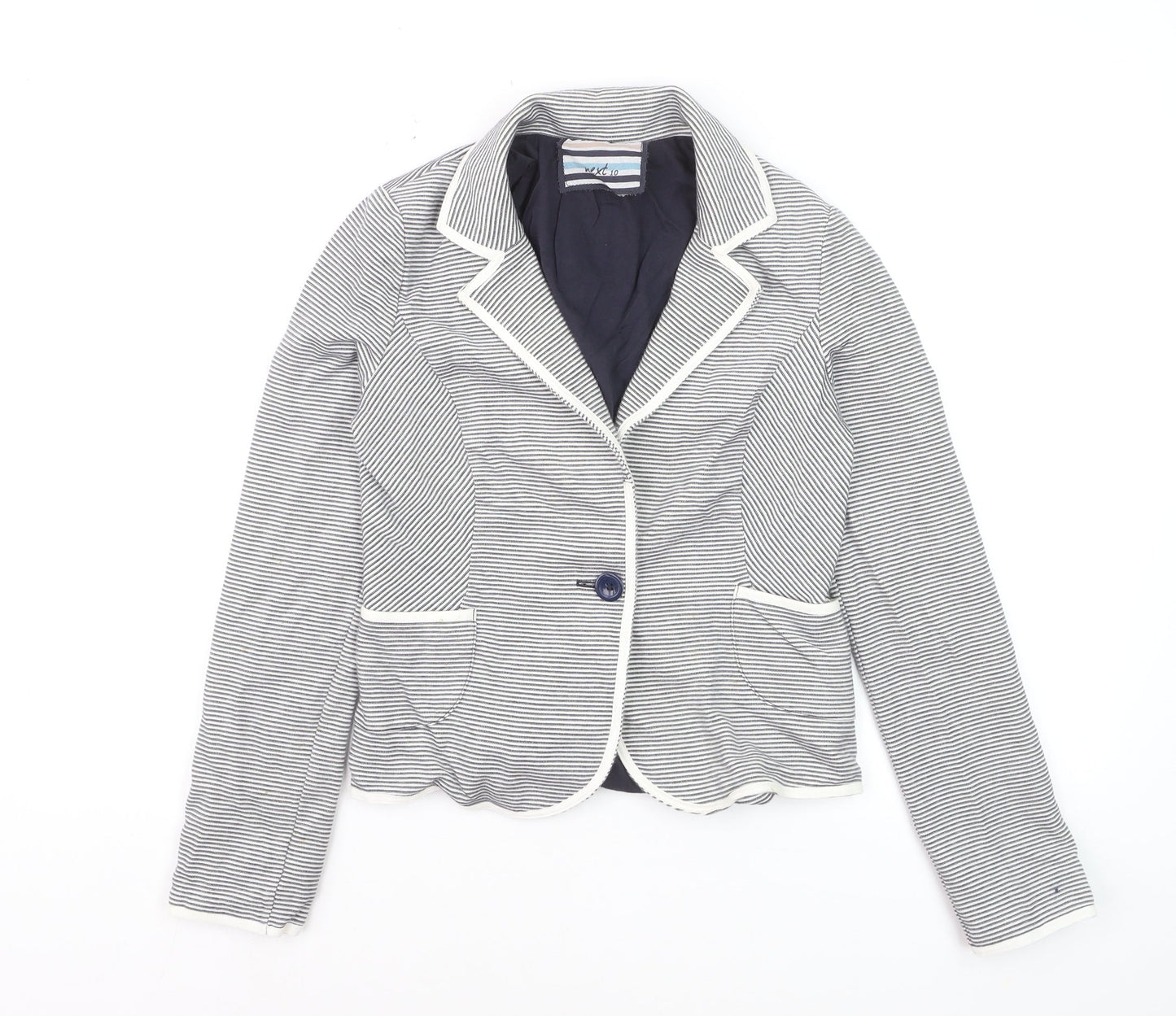 Next Women Blue Striped Cotton Blazer UK 10 Single Breasted Jacket