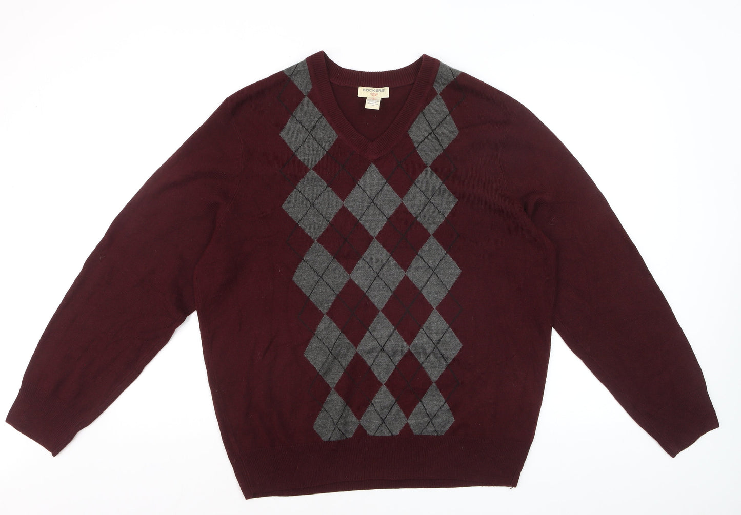 Dockers Men's Red Argyle V-Neck Knit Jumper Size L