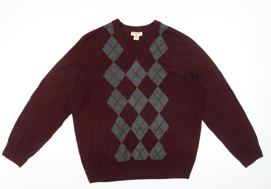 Dockers Men's Red Argyle V-Neck Knit Jumper Size L