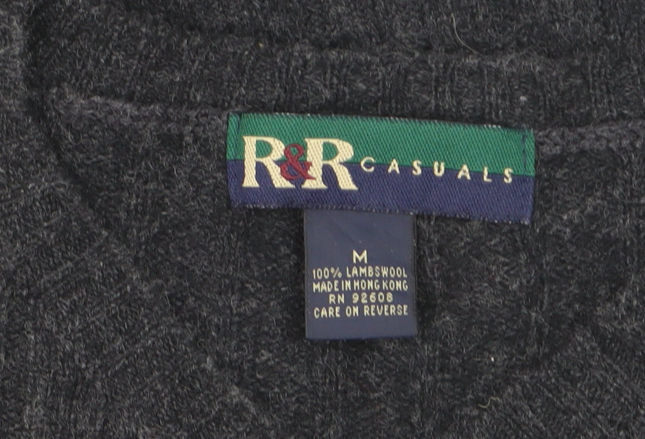R&R Casuals Men's Dark Grey Lambswool V-Neck Cable-Knit Jumper Size M