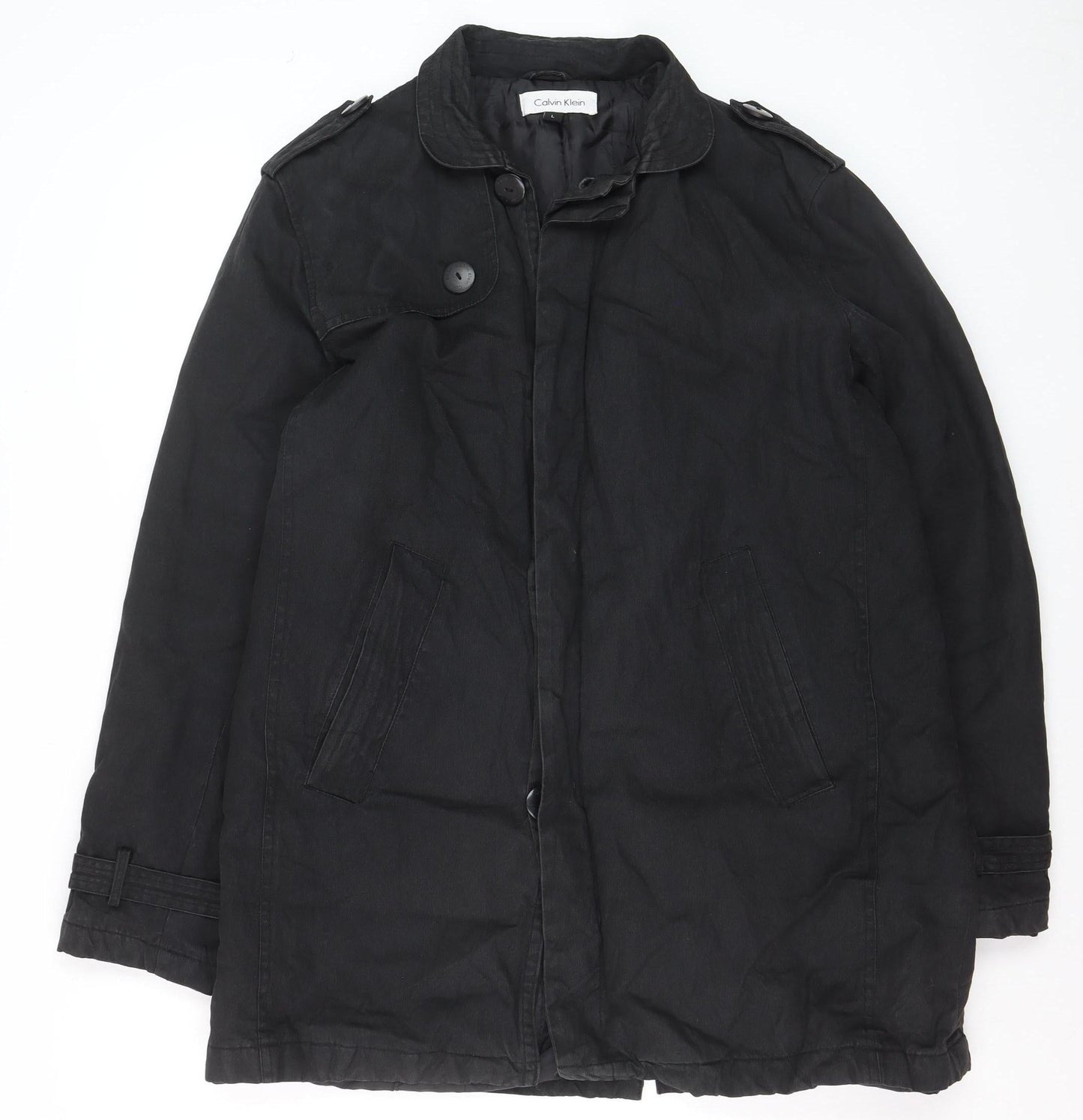 Calvin Klein Men's Black Cotton Mid-Length Overcoat L