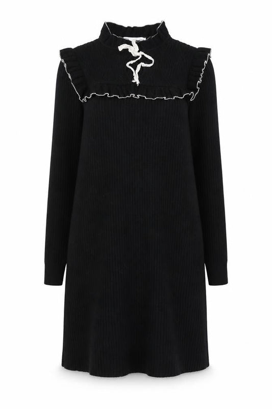 Zara Women’s Black Knit Jumper Dress Small Ruffle High Neck