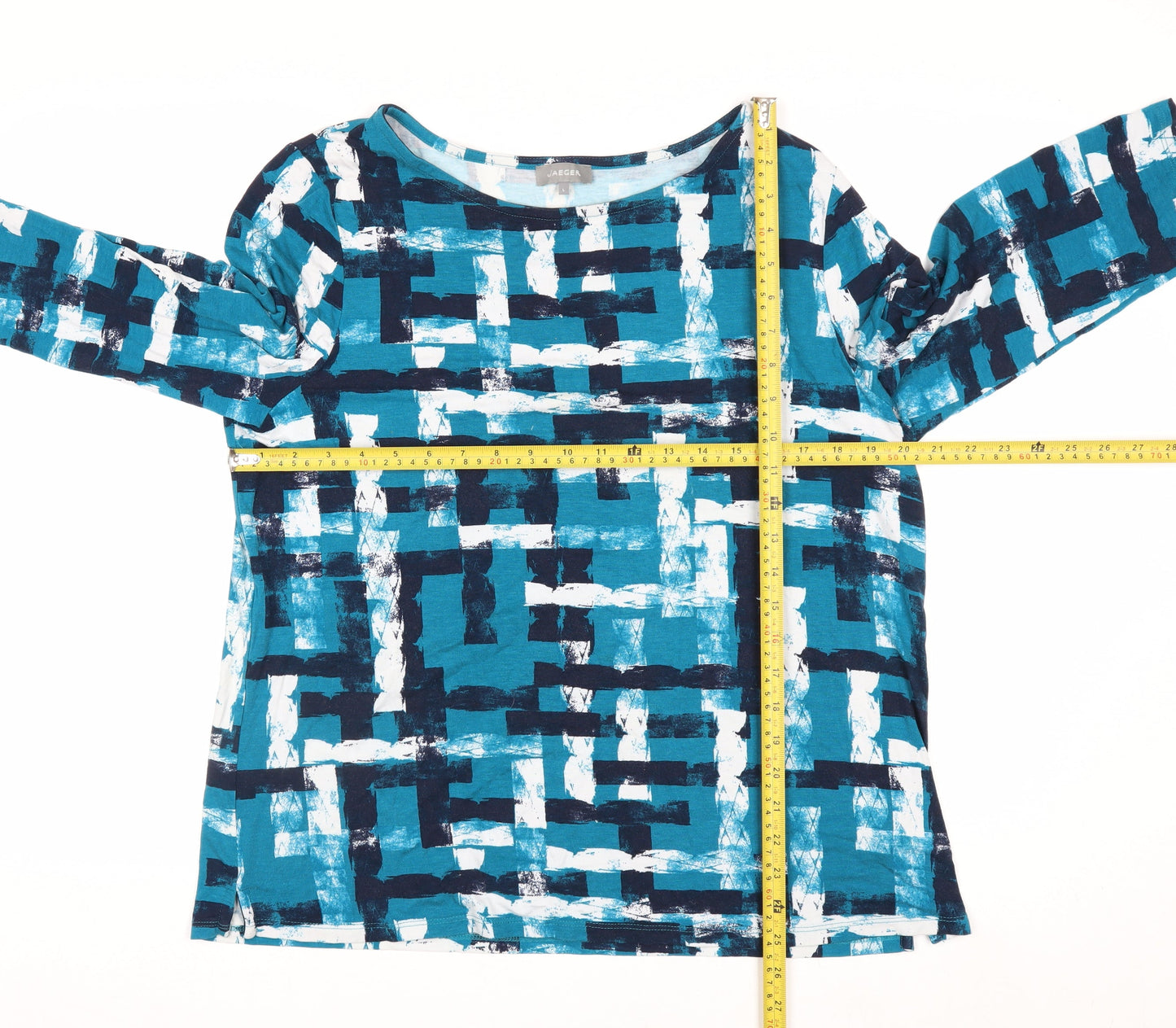 Jaeger Women Blue Geometric Tunic Top L Viscose 3/4 Sleeve