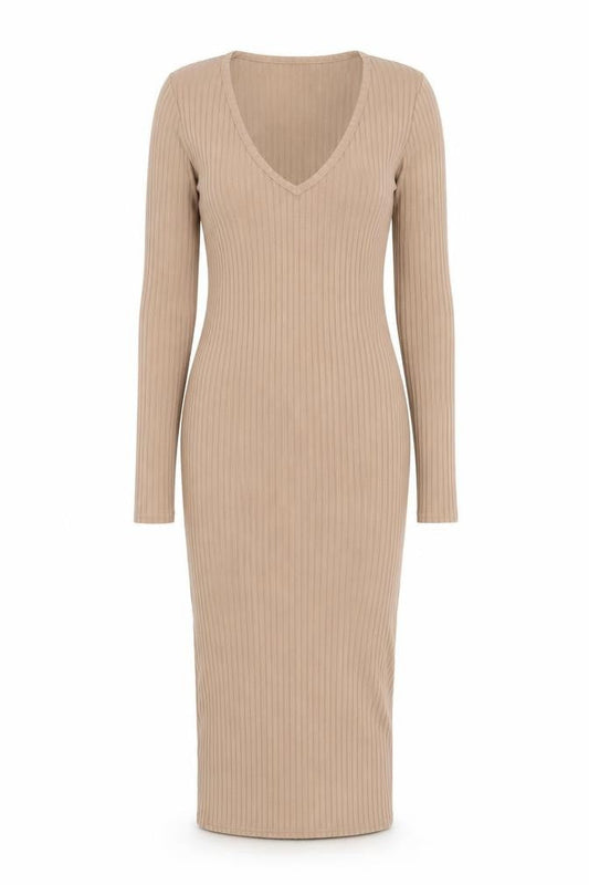 Boohoo Women's Beige Ribbed V-Neck Long Sleeve Midi Bodycon Dress Size 8