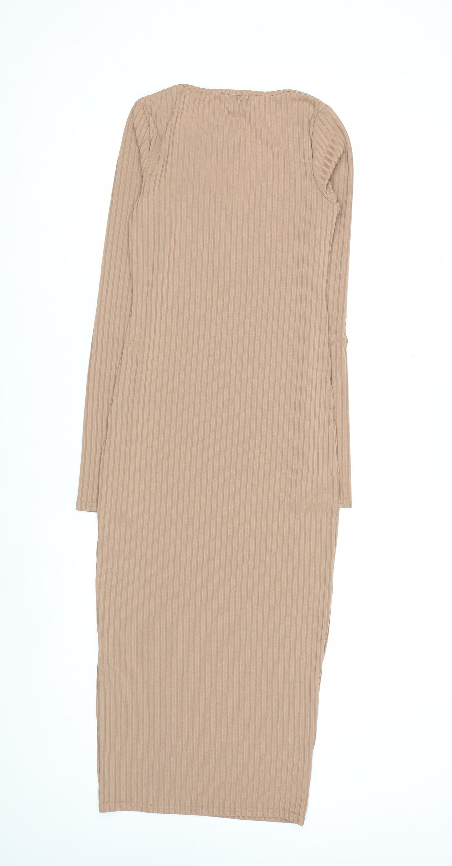 Boohoo Women's Beige Ribbed V-Neck Long Sleeve Midi Bodycon Dress Size 8
